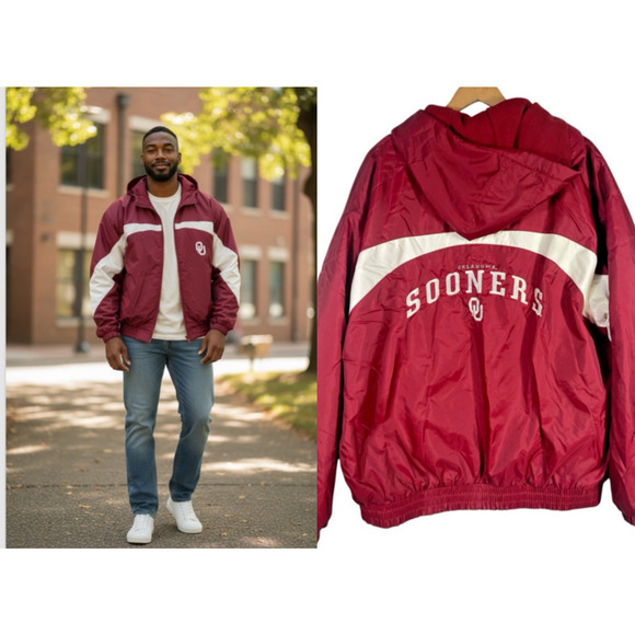 OU Jacket Mens Size Large Vintage Hooded Puffer Spell Out Y2K Oklahoma Sooners